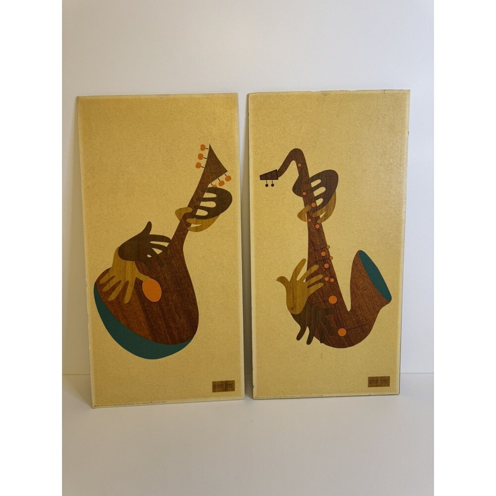 Vntg Mid Century Robert Lyons Set of Folk Art string&saxophone Textured 1960’s